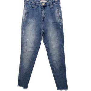 PISOM Highrise Medium Wash Distressed Raw Fringed Hem Cropped Brazilian Jeans